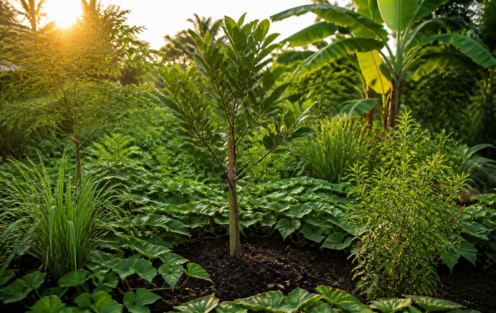 Young jackfruit tree surrounded by lemongrass, moringa and sweet potato vines in a tropical Philippine garden